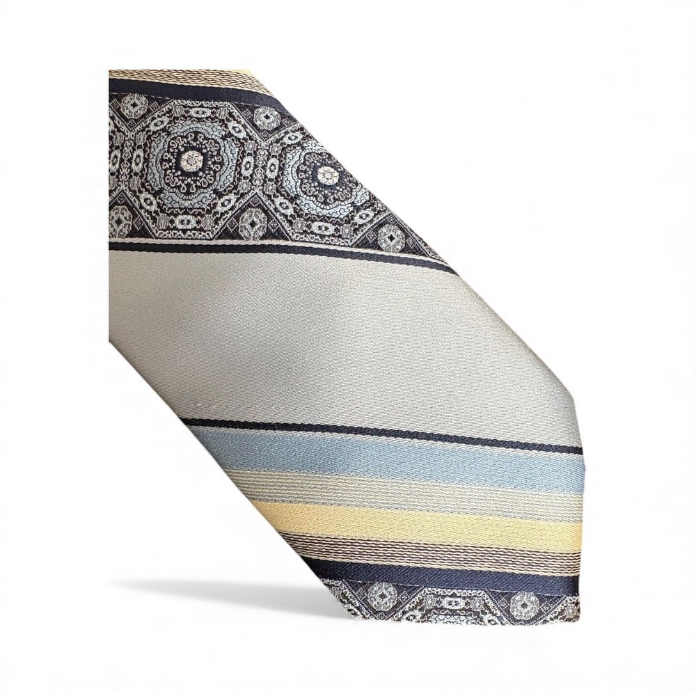 Damon Vintage Men's Tie Blue Cream Geometric Stripe Pattern‎ 56x3.25"